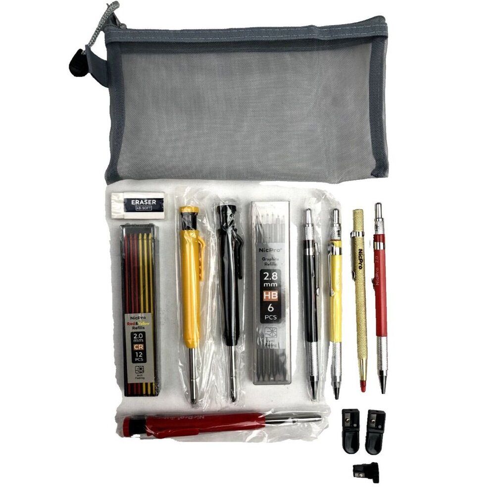 Nicpro 10PCS Mechanical Carpenter Pencil Set with Lead Refills Engraving Pen